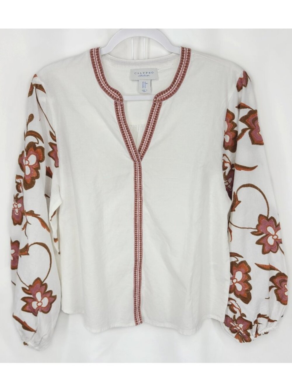 Calypso St Barth Women’s embroidered V-neck cotton linen Blend Tunic Top M Rust